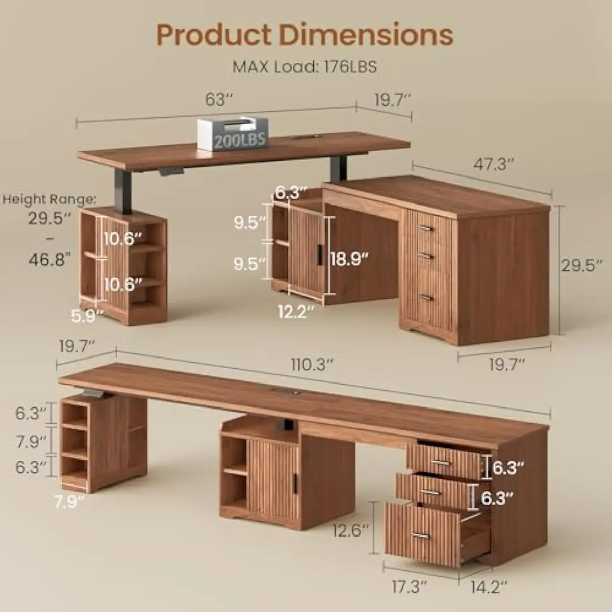 Adjustable L-Shaped Electric Standing Desk with Corner Configuration Option, 67 Inch Depth, 110.3 Inch Extended Layout, Wood Fin