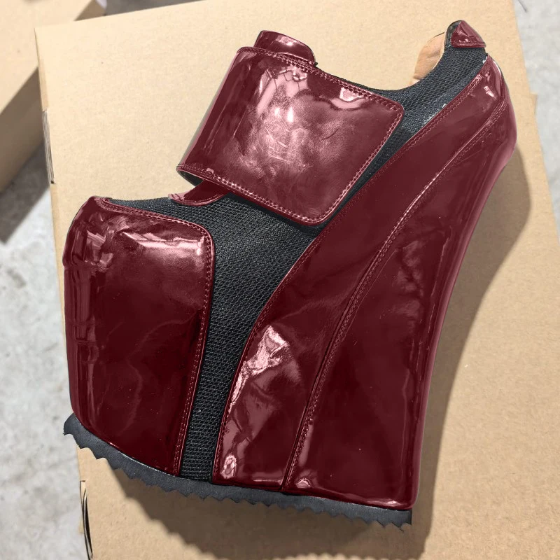 SHOFOO Fashionable women's high heels. Black patent leather spliced mesh fabric About 20cm heel height Black casual shoes Wedges