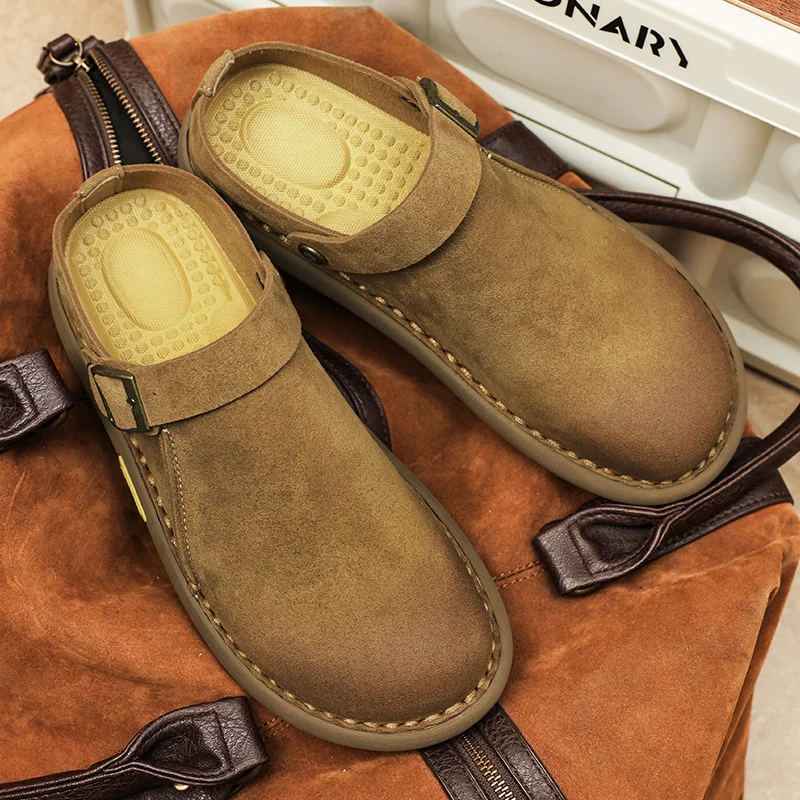 Outdoor Casual Women Men Genuine Cow Leather Roud Toe Back Belt Strap Buckle Sewing Sole Ladies Shoes Handemade British Retro