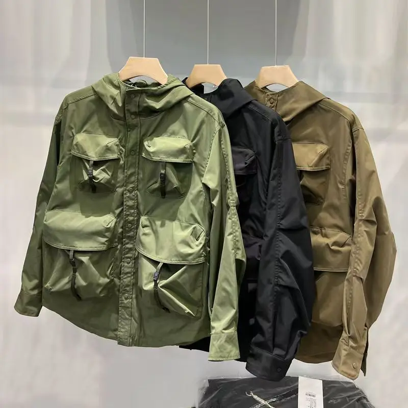 New Fahsion  Spring Autumn Thin Outdoor Jackets Men Muti Pockets Hooded Cargo Jacket Vintage Windbreaker for Men Outerwears