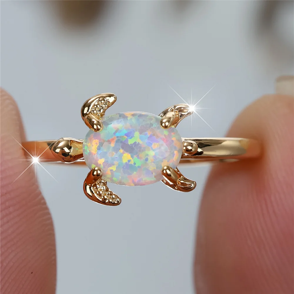 Charm Female White Fire Opal Stone Round Turtle Ring Gold Color Wedding Jewelry For Women