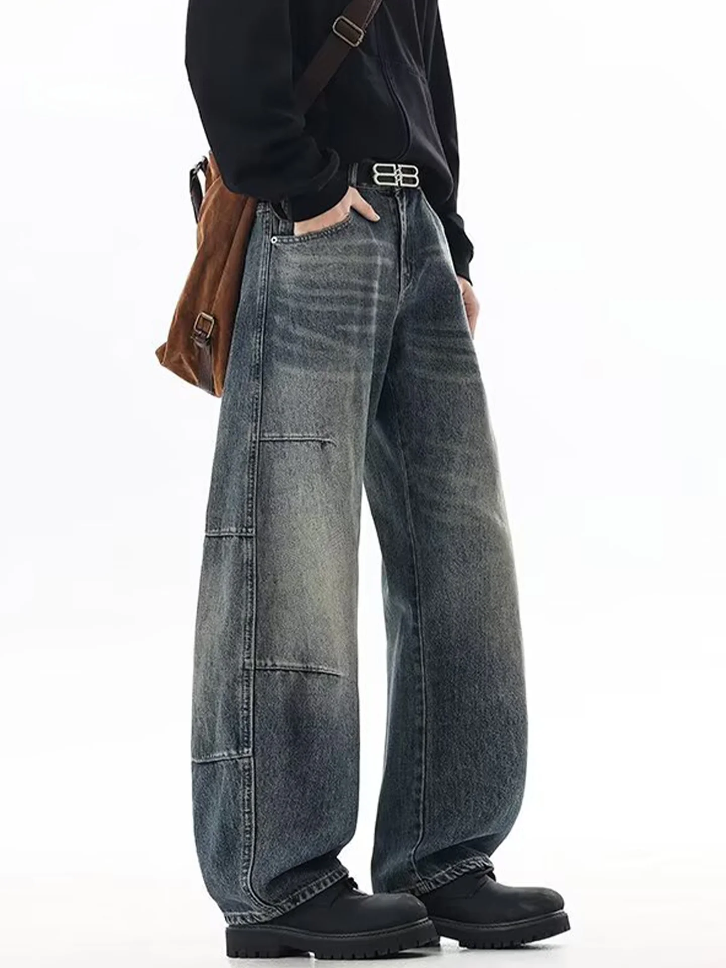 

Retro Waed Straight Leg Men's Jeans Autumn Winter Casual Loose Wide Leg Trousers American Sle Deconstructed Patchwork
