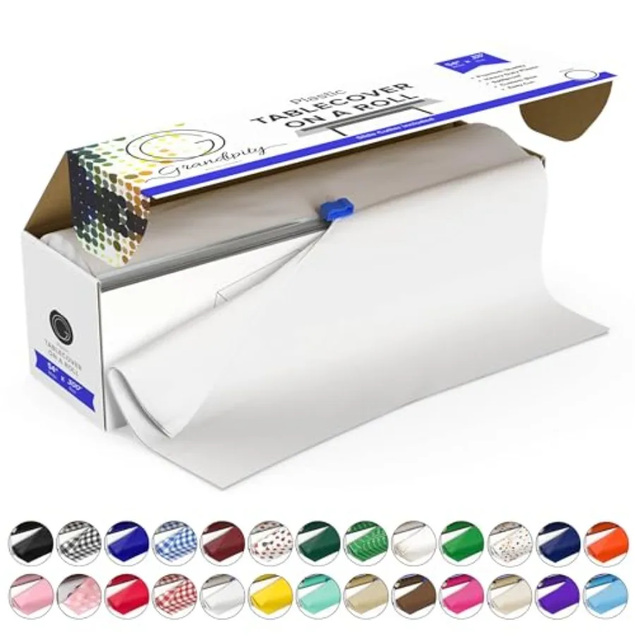 

Рулон пластиковой скатерти - 54 дюйма x 300 футов. Пластиковые одноразовые скатерти для вечеринок с коробкой-резаком - можно обрезать по размеру