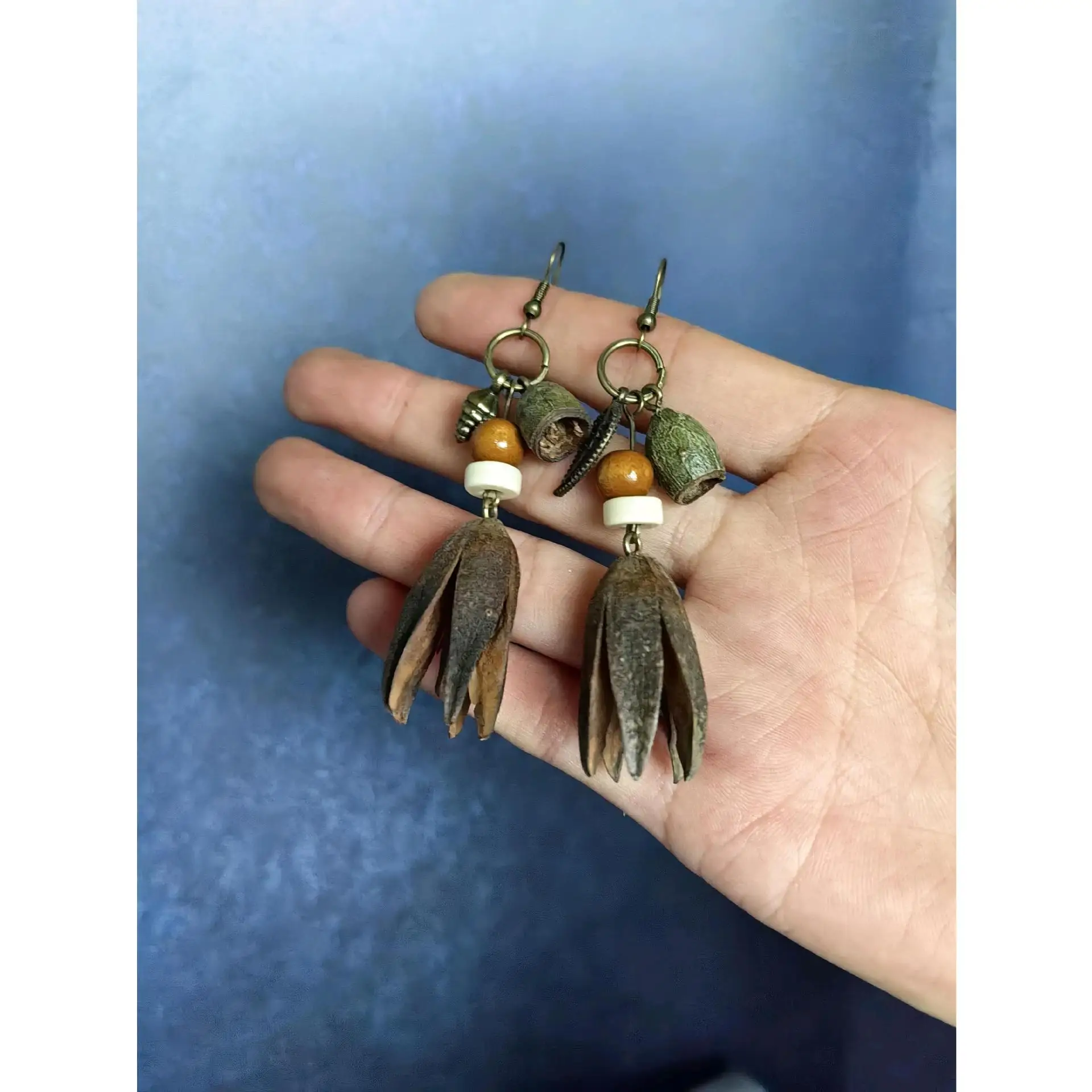 

Original Artistic Woven Earrings -Flower Dried Fruit, Wooden Beads, Medicine Inspired Jewelry, Earrings, Perfect Birthday Gift