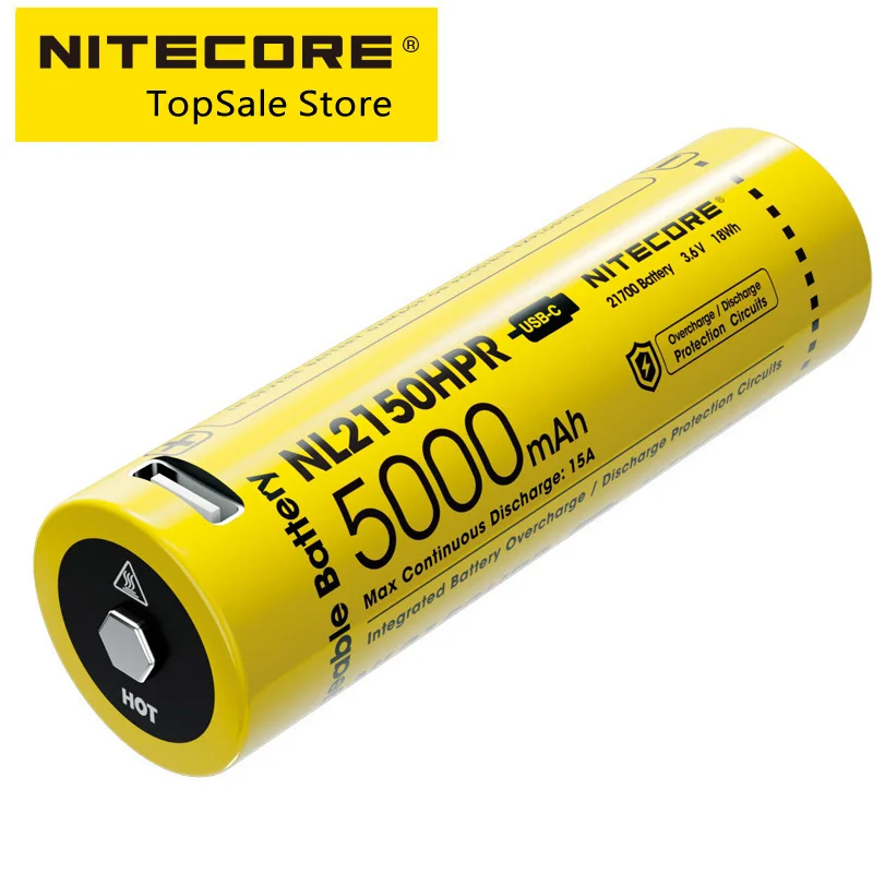 Nitecore-充電式リチウムイオン電池,USB-Cポートの内蔵,15a,5000mah,高排水,無制限のエネルギー,懐中電灯,nl2150hpr 21700