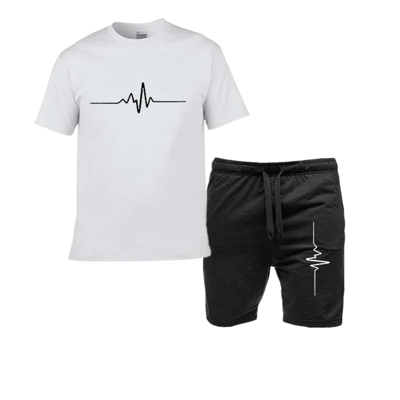 

Fashionable men's summer electrocardiogram printed comfortable and breathable round neck T-shirt outdoor casual top+shorts