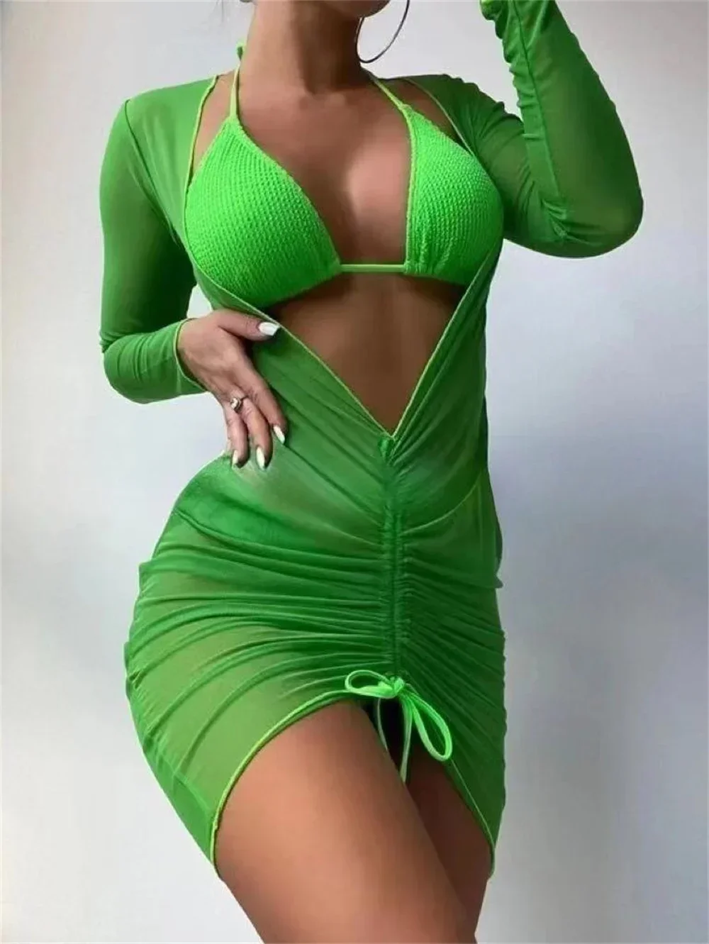 Ribbed Wrinkled Bikini Thong Halter Swimwear Deep-V Dress Drawstring Pleated Y2K Swimsuit Coverup Beach Outfit Women Bathing Set