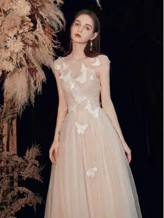 

Light Champagne Bridesmaid Dress A-Line Lace Applique Butterfly Floor Red Carpet Ceremony Wedding Party Evening Prom Gowns 2022