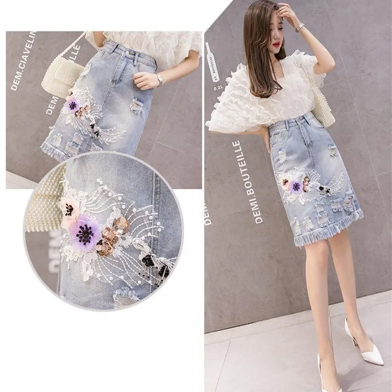 2024 Women's Denim Skirts Spring Summer High Waist Heavy Work Embroidery Flower Jeans Skirt Hole Cowboy Skirt