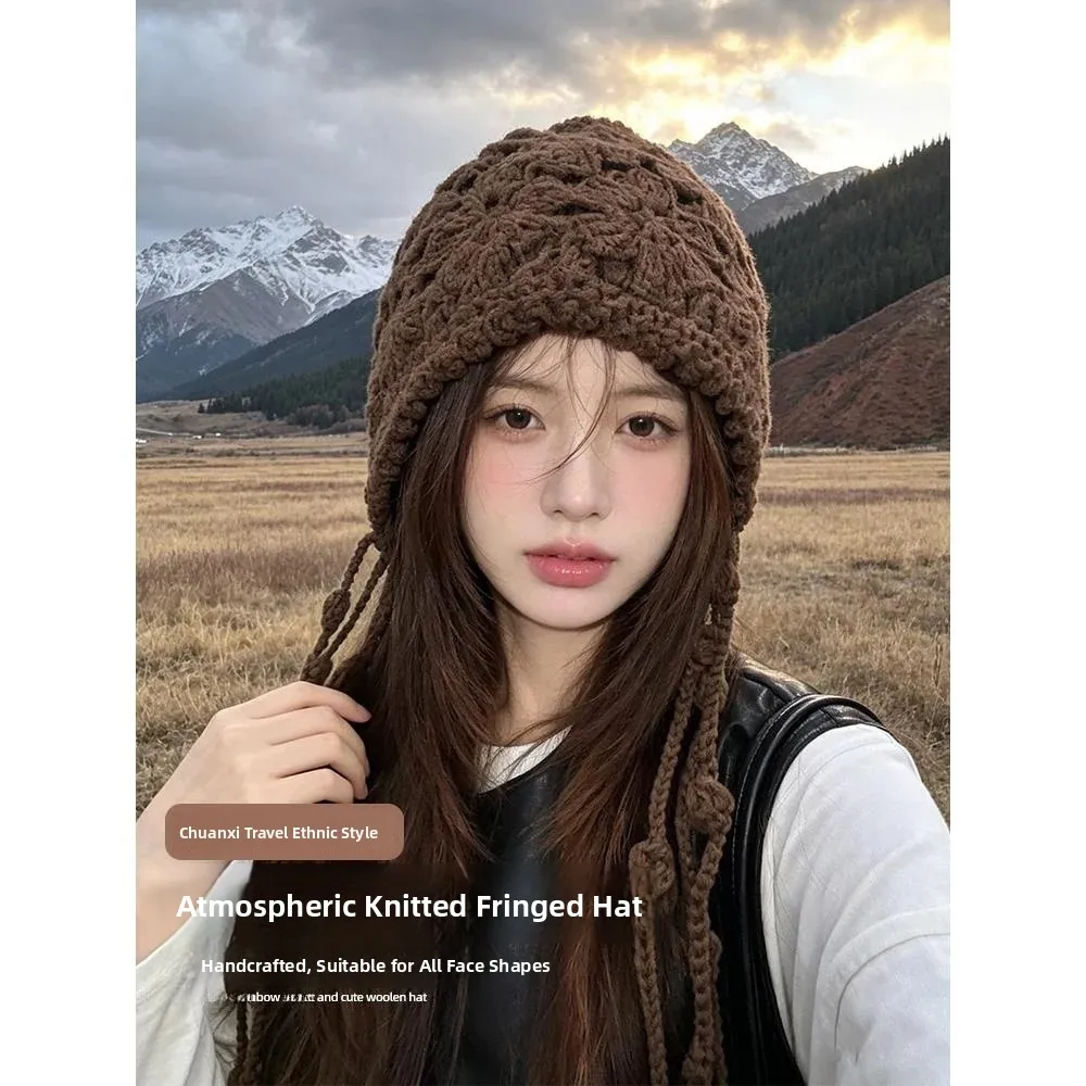 Travel Floral Lace Knitted Hat Women's Autumn Winter Scarf Headband Ear Protection Small Face Effect No Brim Hat for Teens