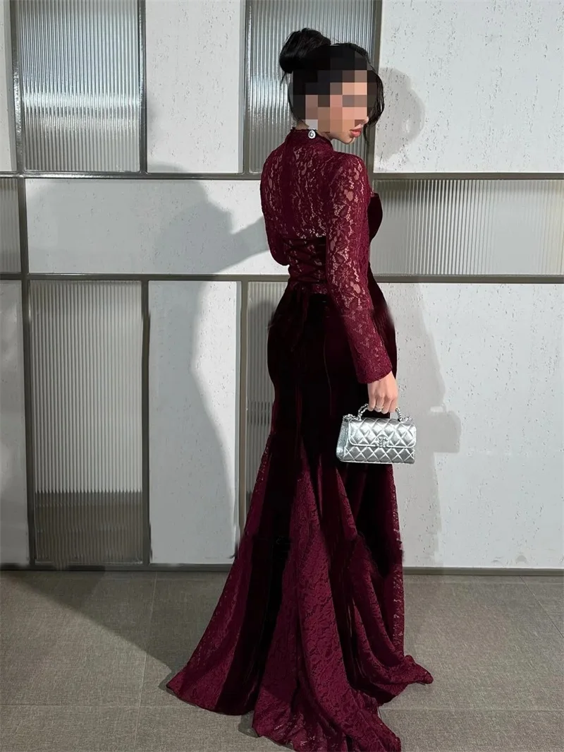 Elegant Burgundy Lace Long Sleeve Prom Dress High Neck Mermaid Lace Train Floor Length Party Gown Bridal Evening Wedding Robe