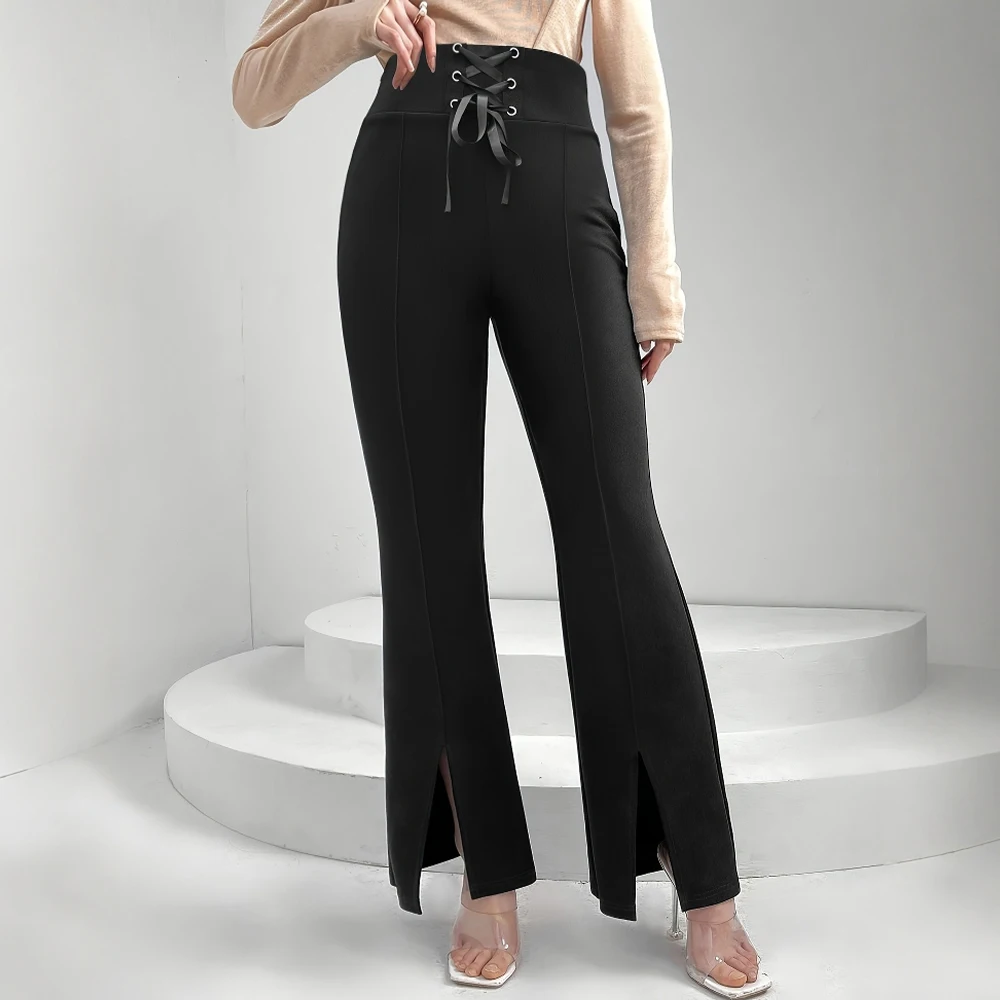 بنطلون نسائي للتخسيس عالي الخصر مع حزام خصر قابل للتعديل وفتحة أمامية على الطراز الأوروبي الأمريكي الصغير