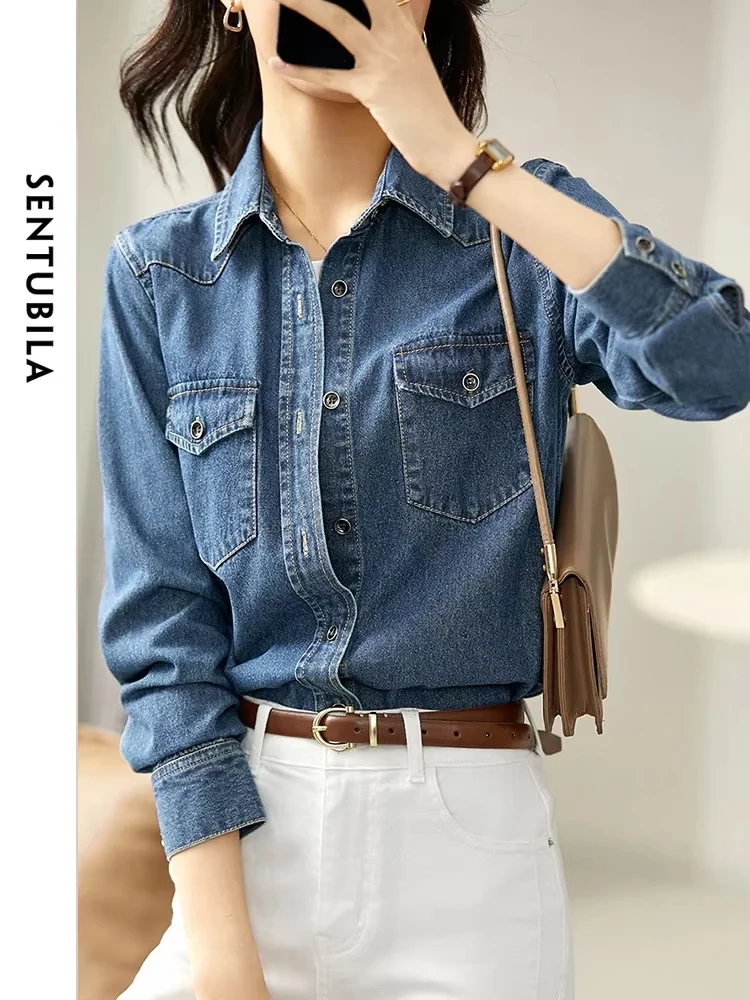 SENTUBILA High Street Denim Shirts Women Ladies Vintage Turn-down Collar Long Sleeve Single Breasted Tops Pockets Shirt Jacket