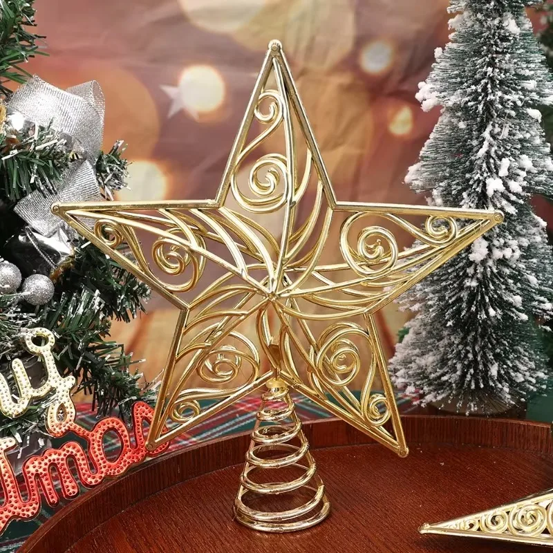 Christmas Tree Topper Glitter Gold Star Hollow Out 3D Snowflake Xmas Tree Pendant Home New Year Decoration Party Gift Supplies