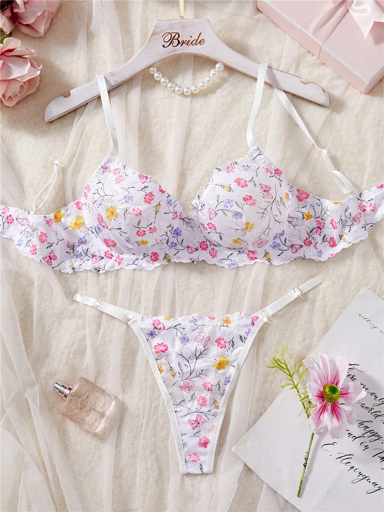 

Sexy Lingerie Set Printed Romantic Bra Brief Set Seamless Flowers Underwear Thong New Arrival Comfortable Female Lace Exotic Set