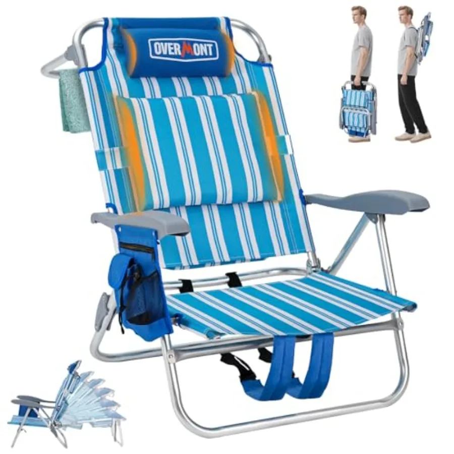 

Low Beach Chair with Cooler Bag for Summer, Travel Relaxation Steel Frame, Navy Blue 6-Position Lay Flat, Ergonomic Armrests, W