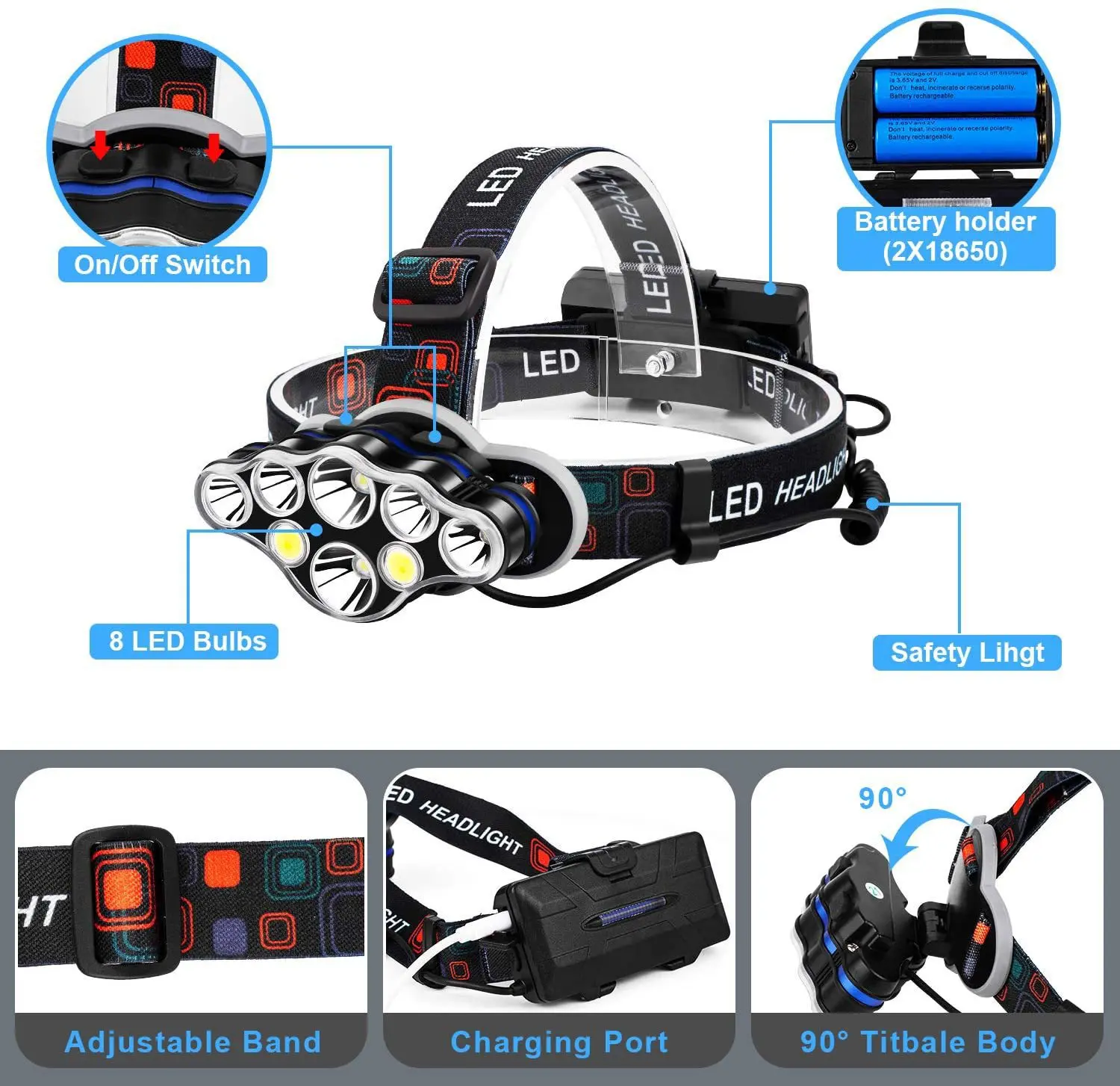 Rechargeable Headlamp, 8 LED Headlamp with Red Light, IPX4 Waterproof USB Headlight, Head Lamp, 8 Modes for Outdoor Running Hunt