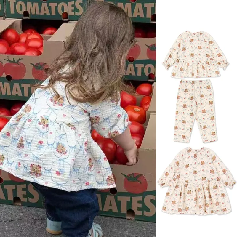

25 Autumn/Winter New Children's Clothing Ks Puppy Pattern Cotton Long-sleeved Girl Dress Blouse Top and Long Pants Set