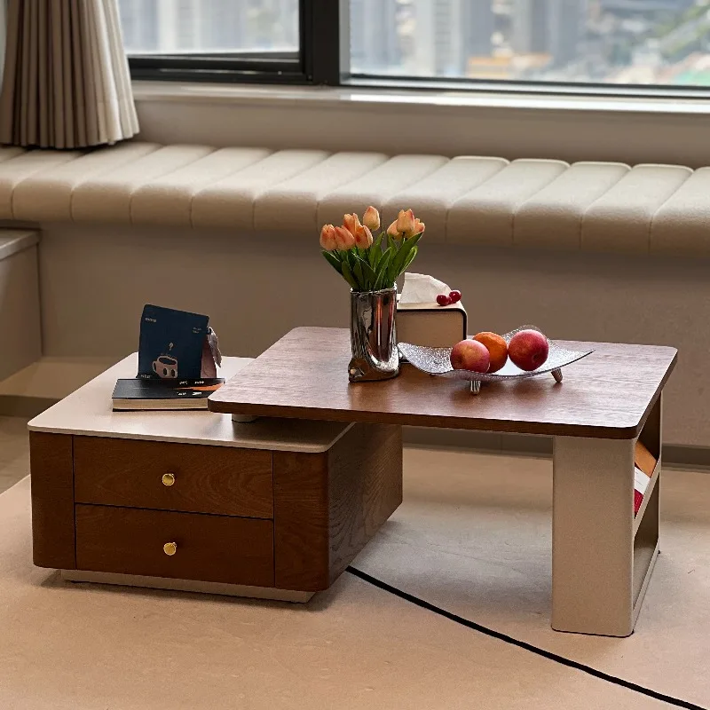 Japanese style solid wood rectangular coffee table with storage cabinet simple cream style beside table for Living room bedroom