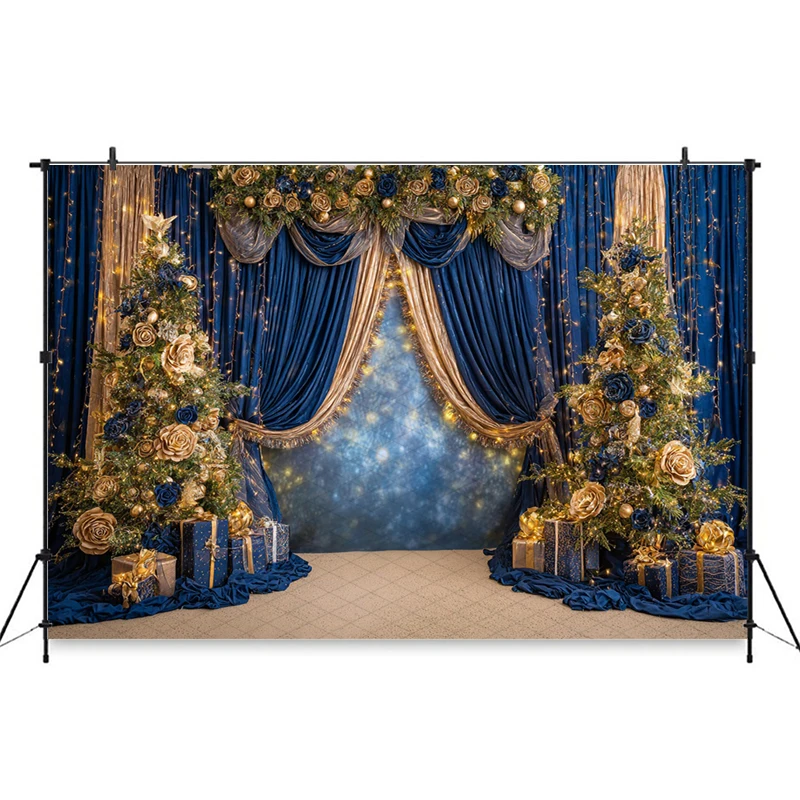 Mocsicka 크리스마스 사진 배경 새해 파티 파란색 커튼 나무 꽃 장식 가족 성인 어린이 사진 배경
