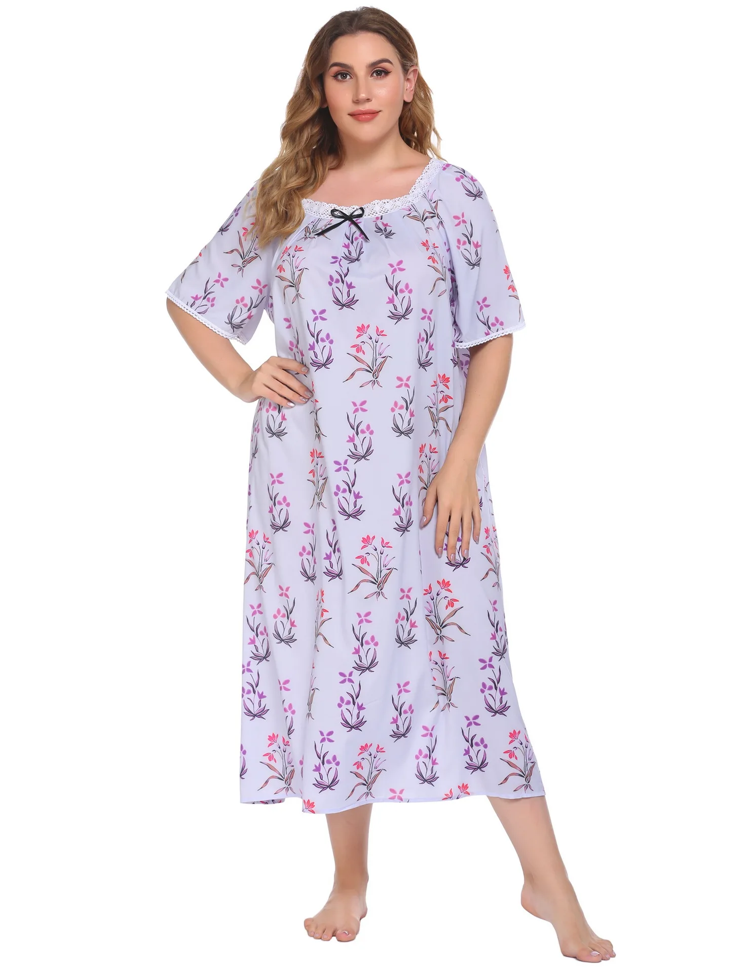 U-Neck Lace Short Sleeved Nightdress Women's Printed Casual Home Clothes Spring Autumn 4XL Nightgown Intimate Lingerie Sleepwear image 6