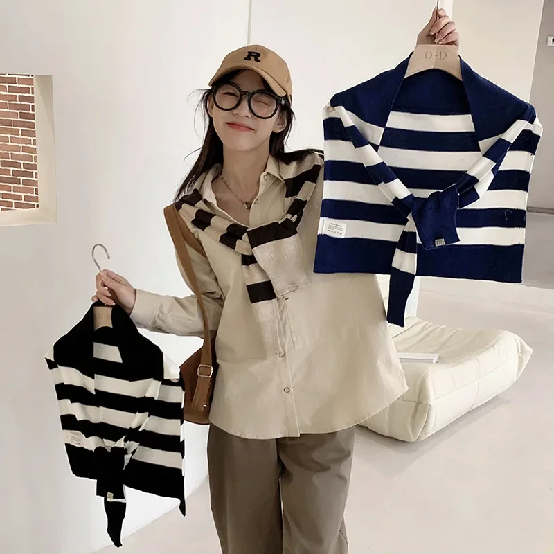 Korean Striped Open Stitch Scarve Woman's Knitted Warm Shawl Winter Japan Style Blouse Shoulders Fake Collar Cape Knotted Scarf