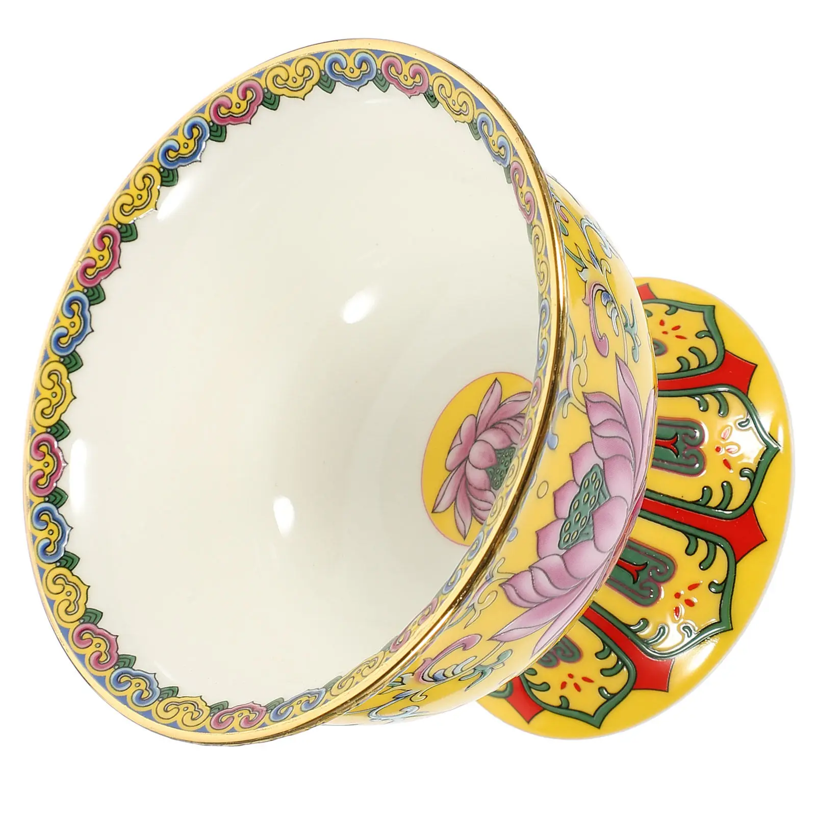 1Pcs Enamel Lotus Buddhist Offering Bowl Ceramic Craft Worship Rice Home Decoration Temple Decor Small Decorative Bowl