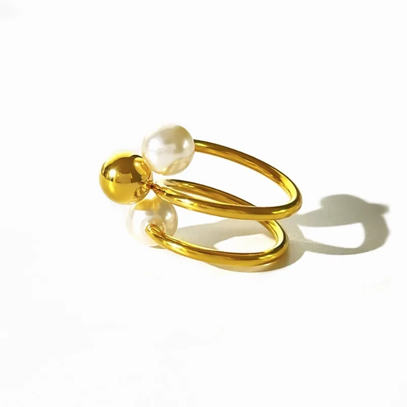 ALLNEWME New Fashion White Faux Pearl Multi Layered Twisted Finger Ring For Women Gold PVD Plated Stainless Steel Jewelry