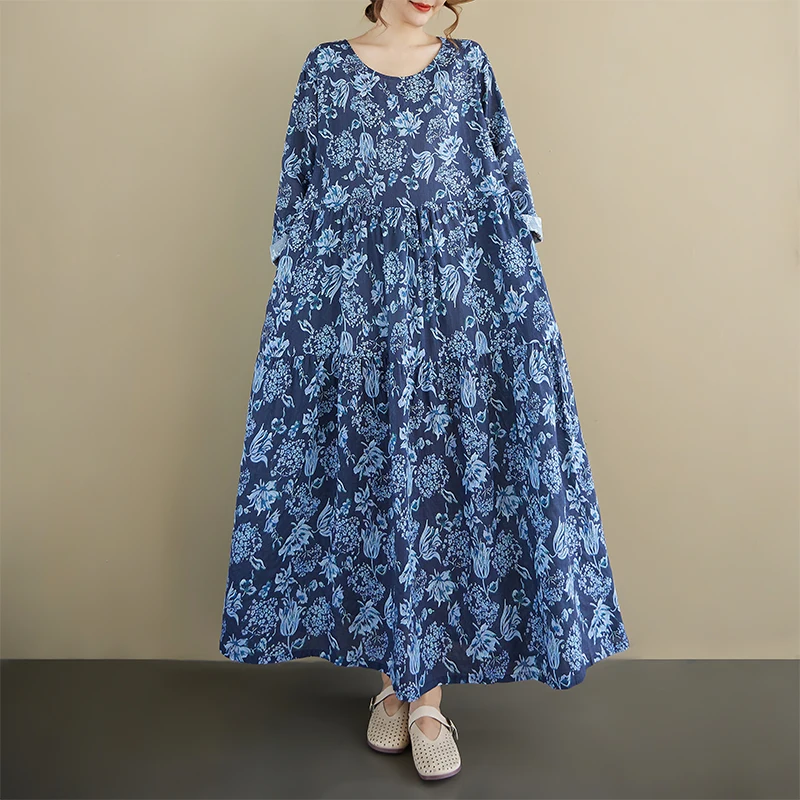 الرجعية كبيرة الحجم المرأة فضفاضة التخسيس طويلة Sve القطن الكتان طباعة خمر ربيع الخريف الدكتور عادية ألف خط ماكسي الدكتور #3