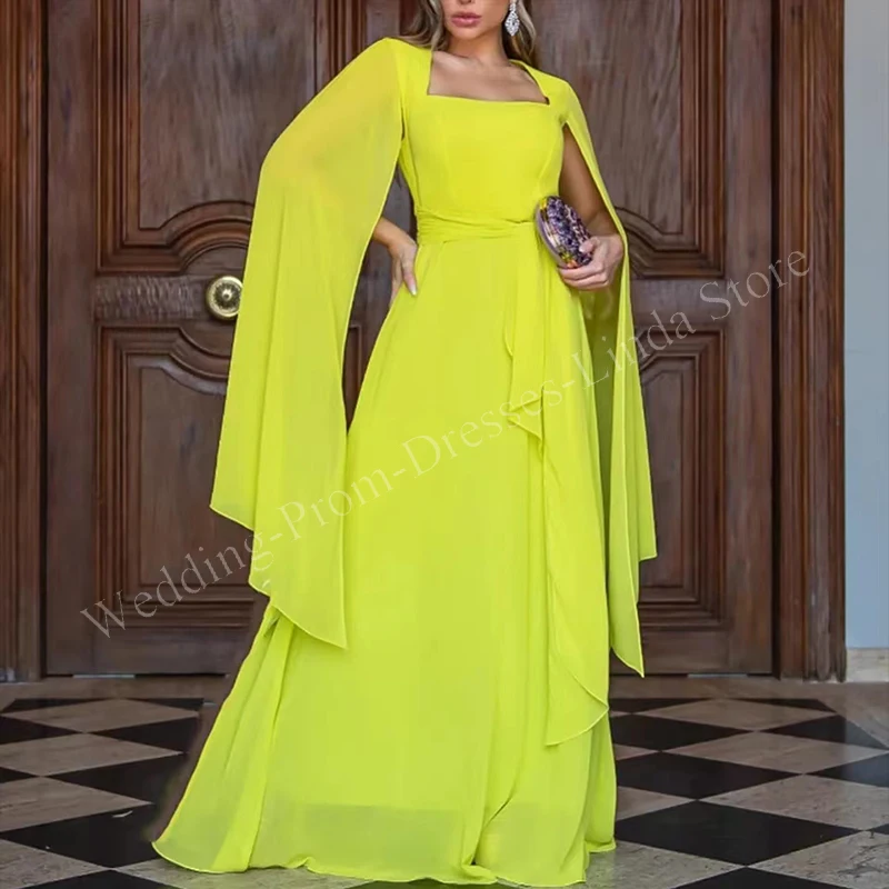 

Long Elegant Evening Dresses for Dubai Women with Cape Chiffon Floor-Length Ruffles Party Gala Special Events Wedding Guest 2023