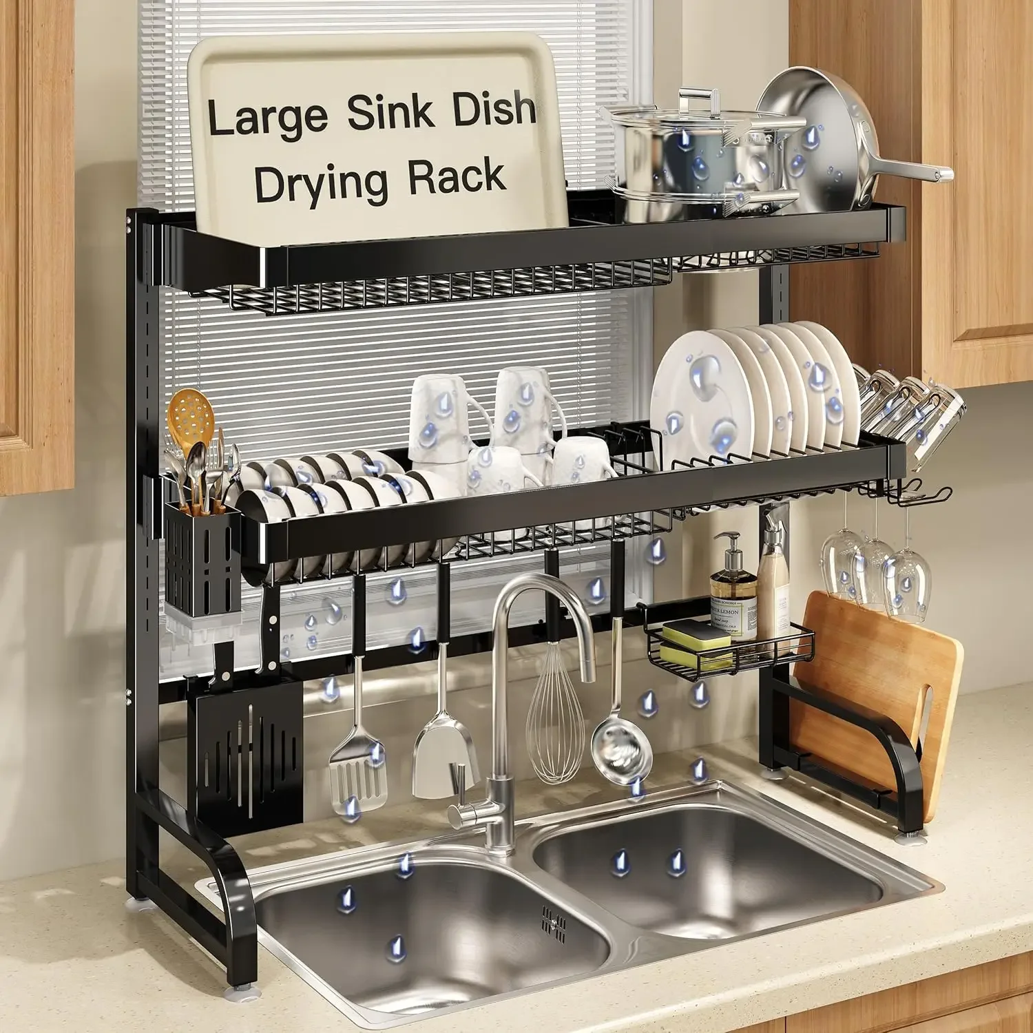 

3 Tier Extra Large Stainless Steel Expandable Over The Sink Dish Drainer Drying Rack, Rust Proof Metal, Space Saving, Modern Bla