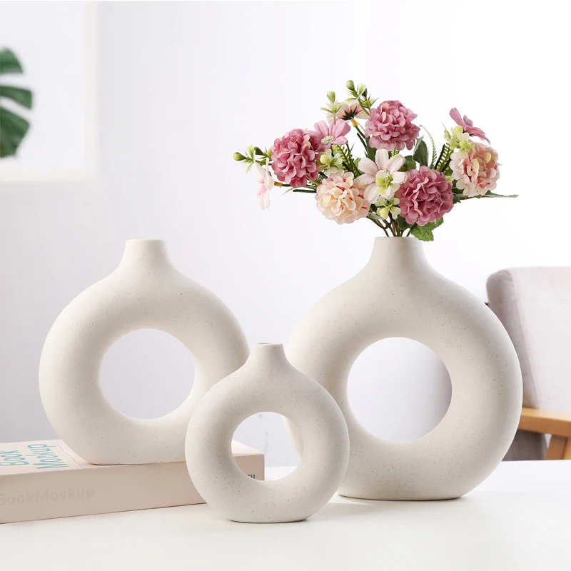 Nordic Vase Circular Hollow Ceramic Donuts Flower Pot Home Living Room Decoration Accessories Interior Office Desktop Decor Gift