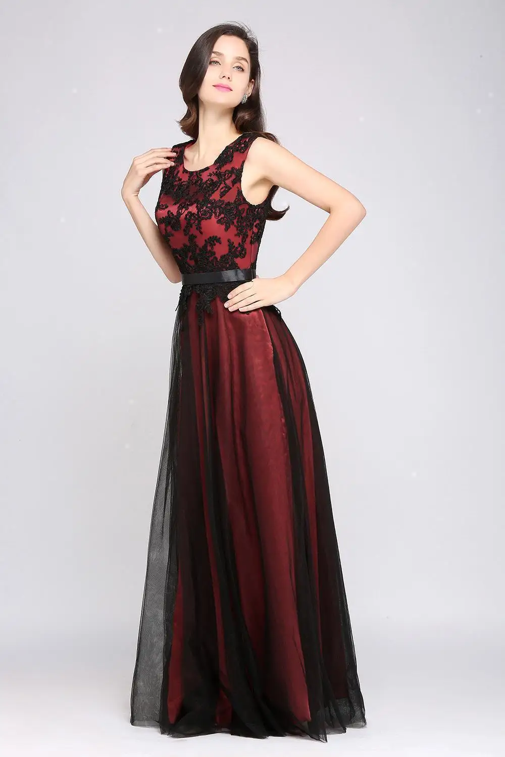 Women Prom Dress O-Neckline Sleeveless Lace Floral Corest Tulle Inside A Line Long Maxi Skirt Evening Fomral Party Wear