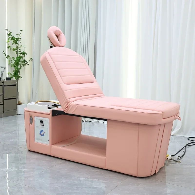 #New Design Backrest Adjustable Pink Hair Washing Bed Lay Down Electric Massage Salon Shampoo Bed with Foot Bath for Salon Shop
