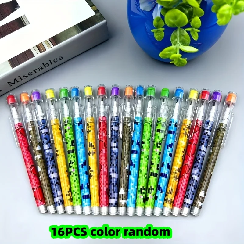 16-teiliges Set mit Buntstiften in verschiedenen Farben und mit Pixelmuster-Designs, Cartoon-Buntstifte, Buntstifte als Preise für Schüler, Buntstifte mit Radiergummi, Schreibwaren, tolle Lern- und Geschenkideen. – Detail 1