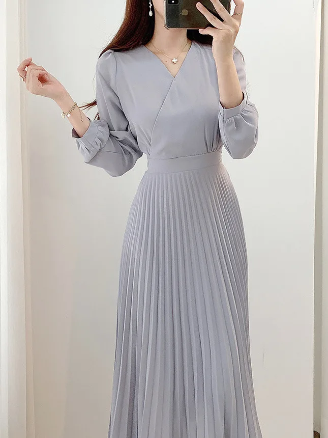 Ele Autumn Long Sve Dr Women's Soft V-Ne Waist Cinched Pleated Design Draped Dr Commute Sle Spring Autumn Wi...