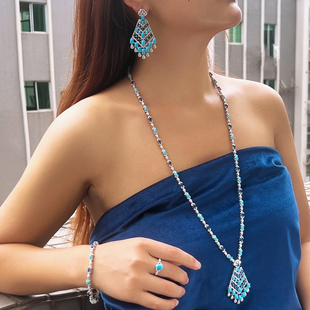 CWWZircons 4pcs Elegant Blue Cubic Zirconia Dangling Drop Tassel Long Necklace Women Wedding Party Dubai Bridal Jewelry Set T752