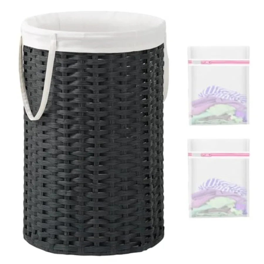 

34.3 Gal 130 L Large Round Handwoven Wicker Laundry Basket with Removable Bag and 2 Mesh Storage Bags for Living Room Bedroom U
