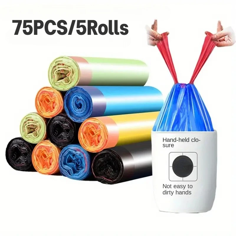 75PCS/5Rolls Drawstring Garbage Bag Disposable Garbage Bag Household Kitchen Bathroom Bedroom Office Portable Cleaning Tool