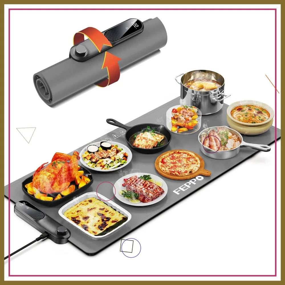 

Electric Food Warming Mat 35x16in Fast Full Surface Heating 19 Temp Levels 6H Timer Roll Up