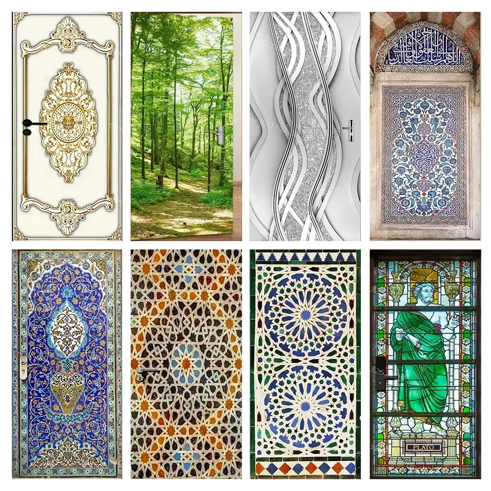 

Moroccan Mosaic Tiles Creative Door Stickers Removable Bedroom living Room Wardrobe Retrofit Door Wrap Decorative Wallpaper