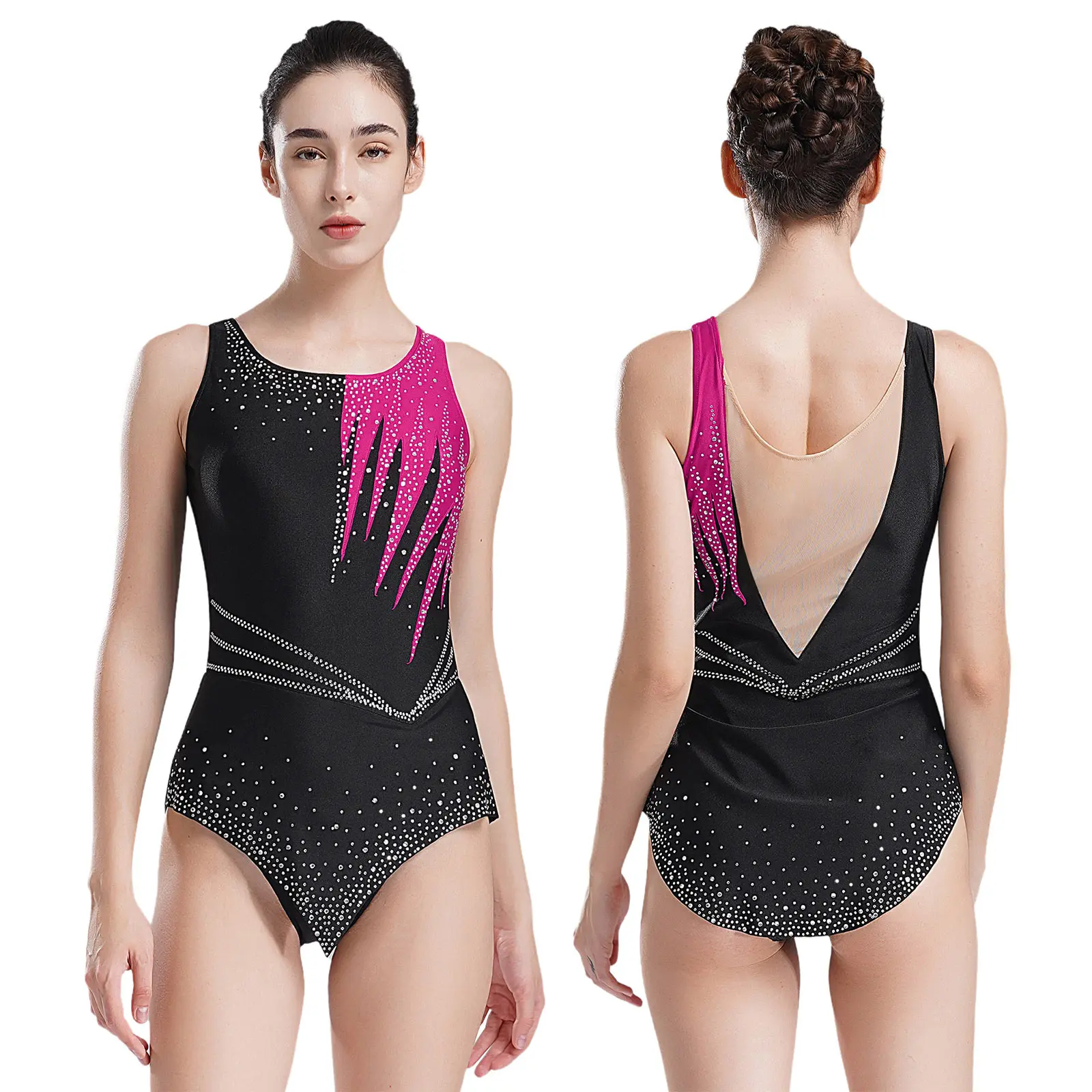 Womens Rhythmic Gymnastics Leotard Sleeveless Dancewear Shiny Rhinestones Bodysuit Competition Performance Costume