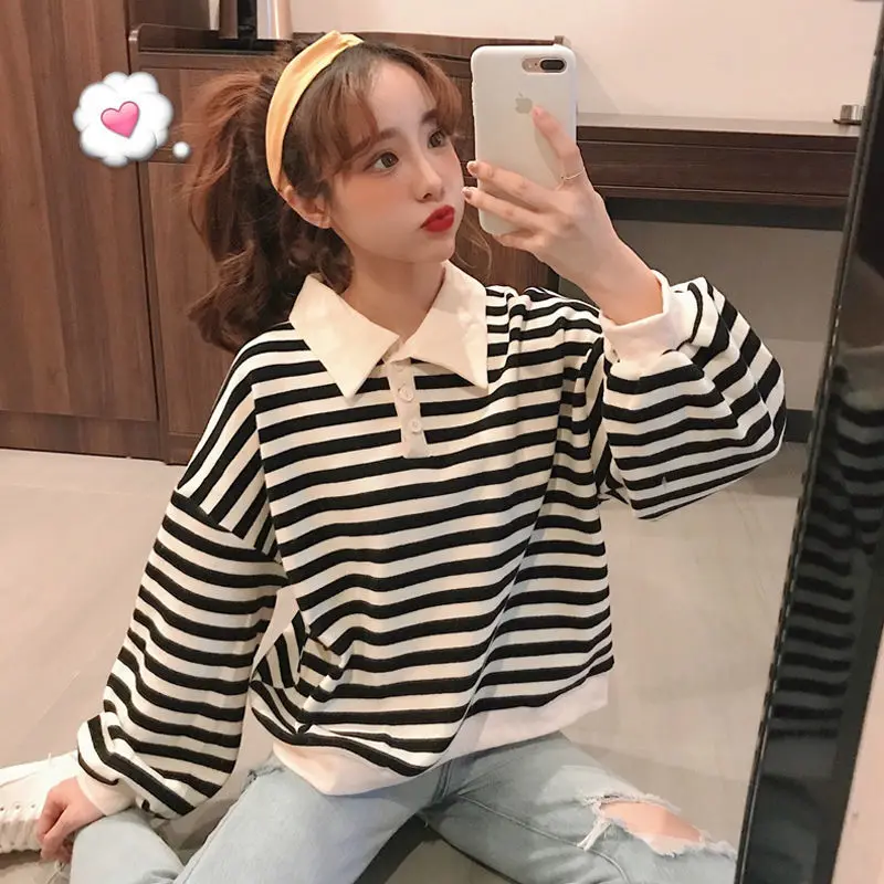 T-shirts Women 3XL Tops Leisure Simple Teens Retro Striped All-match Cozy Soft Warm Korean Style Fashion Autumn Tees Long Sleeve