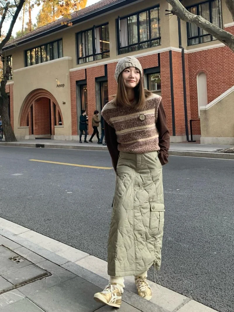 

Sli Юбка трапециевидной формы с высокой талией, стеганая хлопковая теплая зимняя коллекция для поездок на работу, оригинальный дизайн