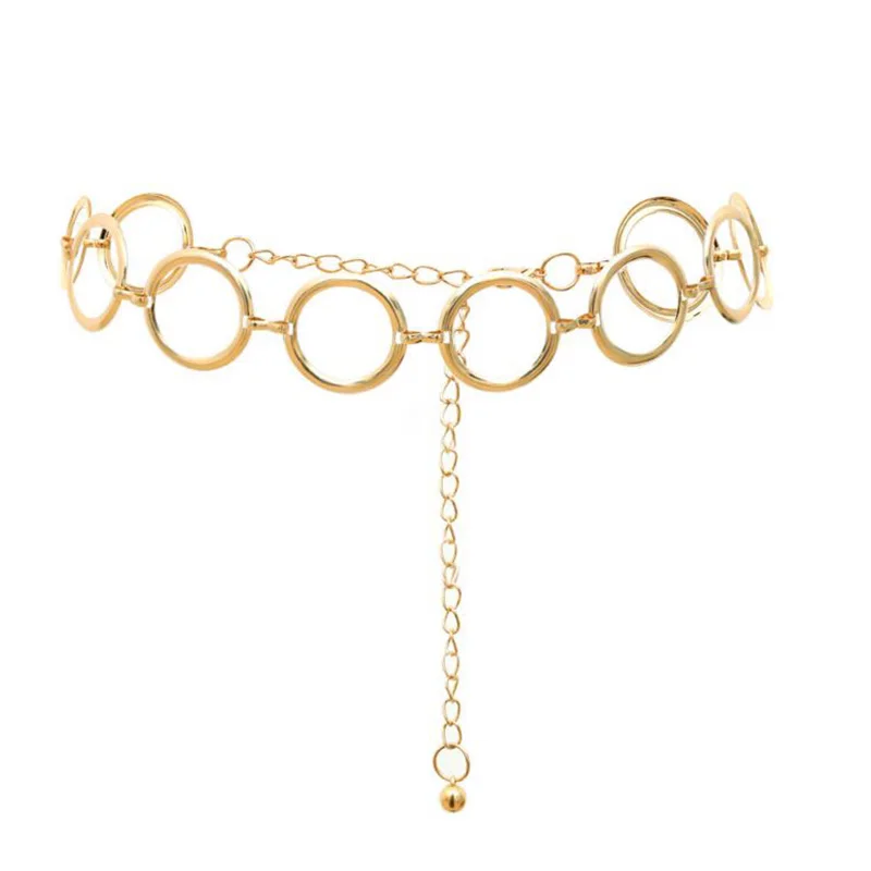 Cinturón de cadena de cintura de vientre largo geométrico para mujer, cinturón de cadena de círculo dorado de Metal con personalidad femenina, Moda