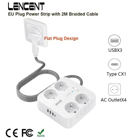 Regleta de alimentación con enchufe europeo LENCENT con 4 tomas de CA + 3 USB + 1 tipo C + Cable trenzado de 2M/3M enchufe múltiple con interruptor para hogar/oficina