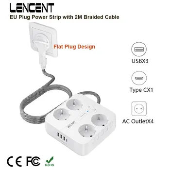 LENCENT EU 플러그 멀티탭, AC 콘센트 4 개, USB 3 개, C타입 1 개, 편조 케이블, 멀티 소켓, 가정 및 사무실용 스위치 포함, 2M, 3M