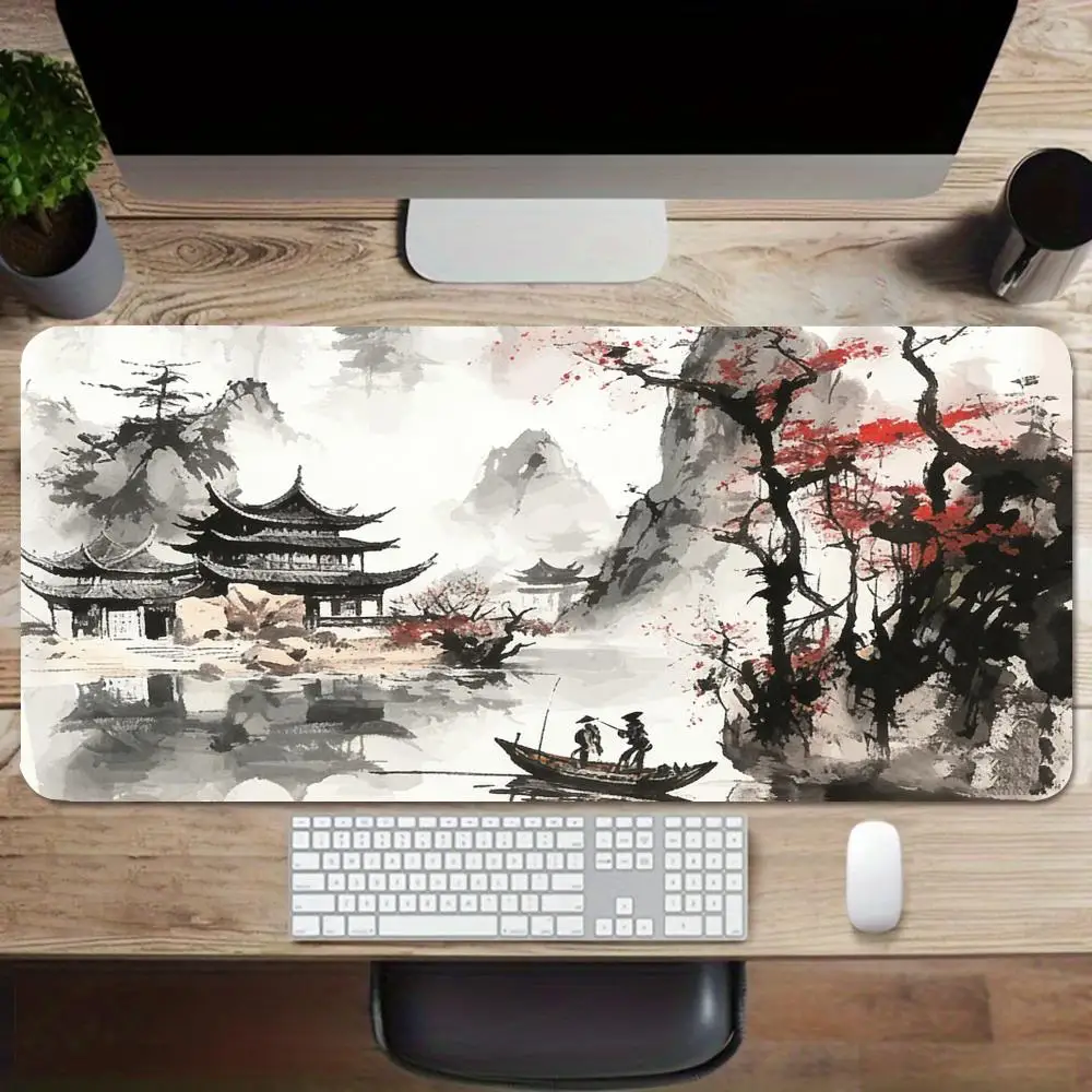 Anime Playmat Traditional Ink Wash Ancient Temple Mountain Landscape Mousepad For Laptop Gaming Table Mat