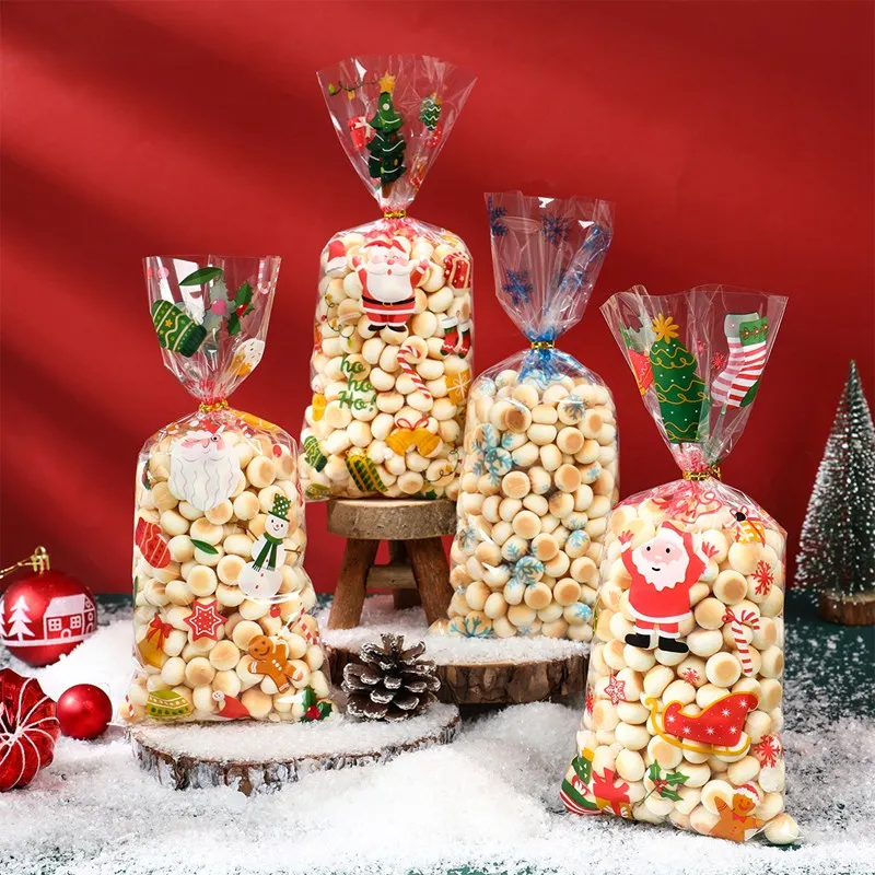 Bolsas de dulces de Navidad, 25/50 piezas, decoraciones navideñas, bolsa de regalo de Papá Noel, bolsas de regalo de Navidad, bolsas de embalaje de galletas de cristal, 2024