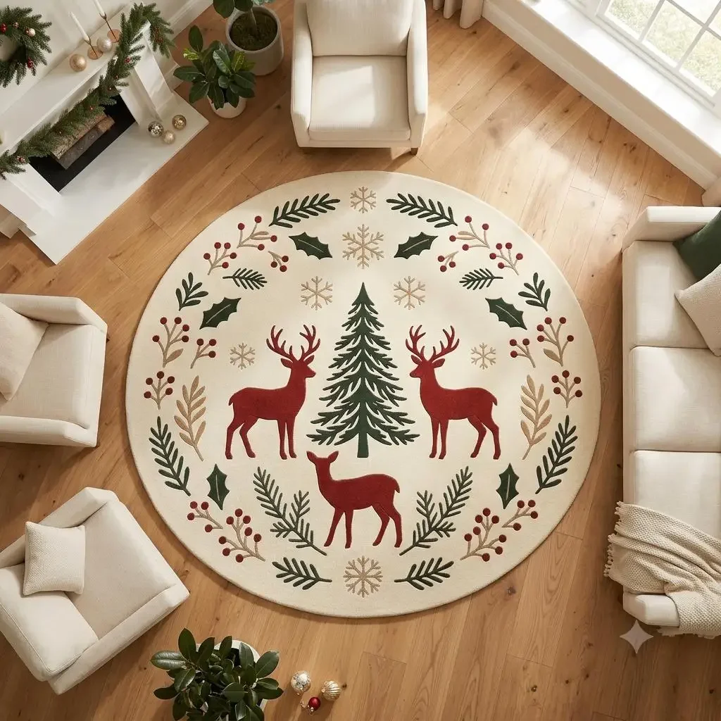 Mystical Forest Deer Under Moonlight Round Area Rug for Living Room Boho Decor